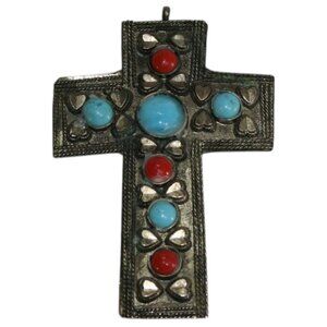 Vintage Coral and Turquoise Silver Cross Pendant – Beautiful Condition